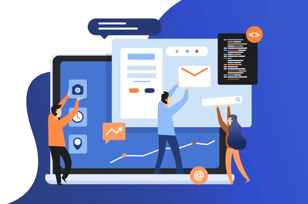 Ilustração de equipe desenvolvendo e otimizando website com gráficos, código e ícones de interface.