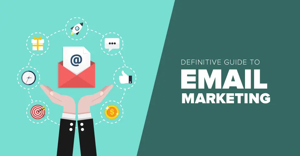 Ilustração de um envelope com ícones representando elementos do e-mail marketing, destacando um guia definitivo para e-mail marketing.