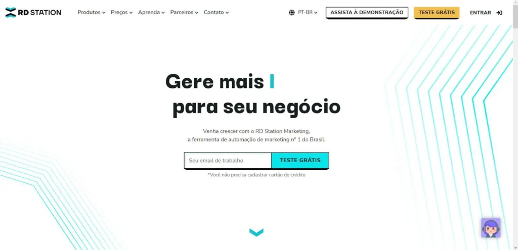 Tela inicial do site da ferramenta RD Station com chamada para teste gratuito e automação de marketing.